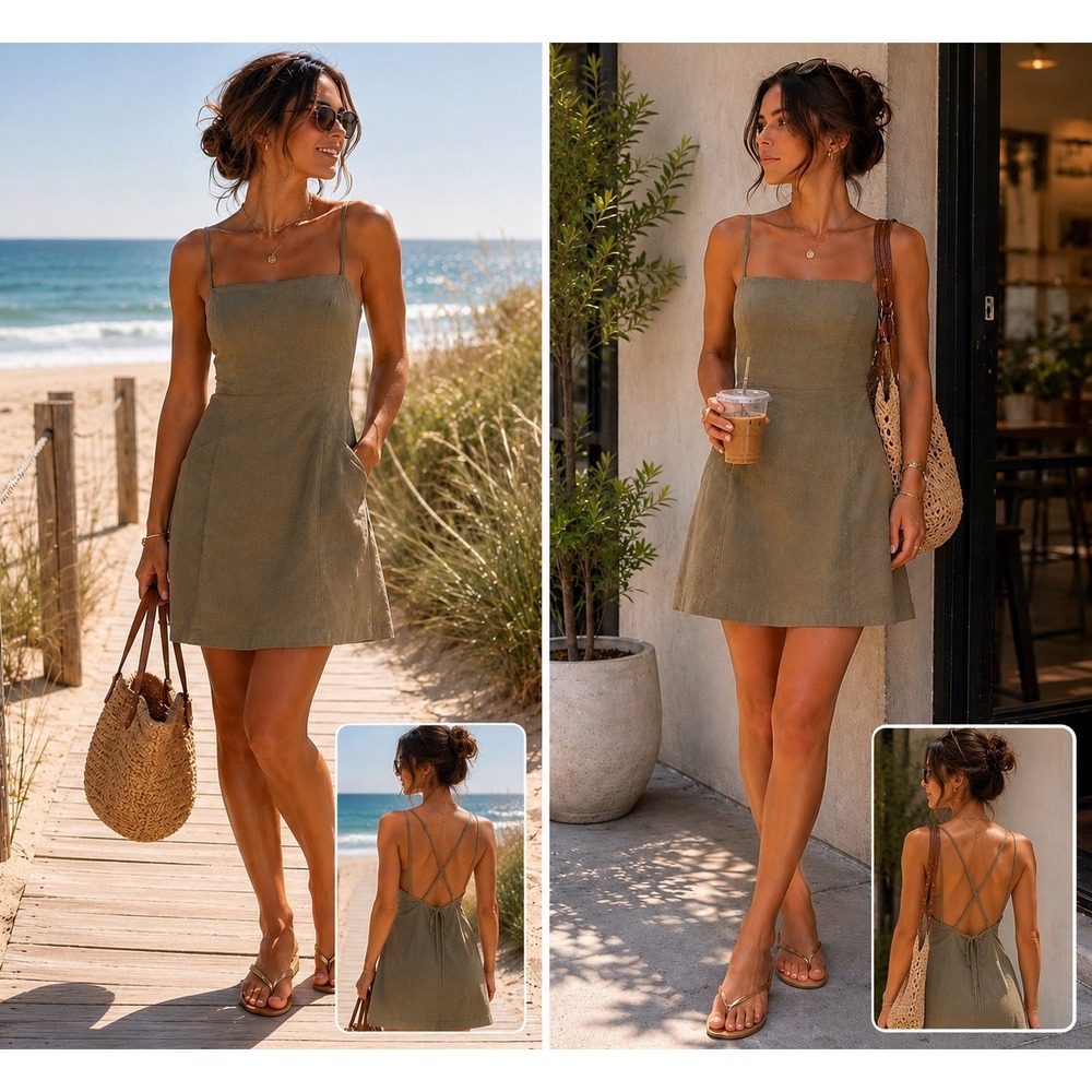 Grade & Gather Mini Dress Olive Green Textured Cotton Crisscross Back Size M NWT